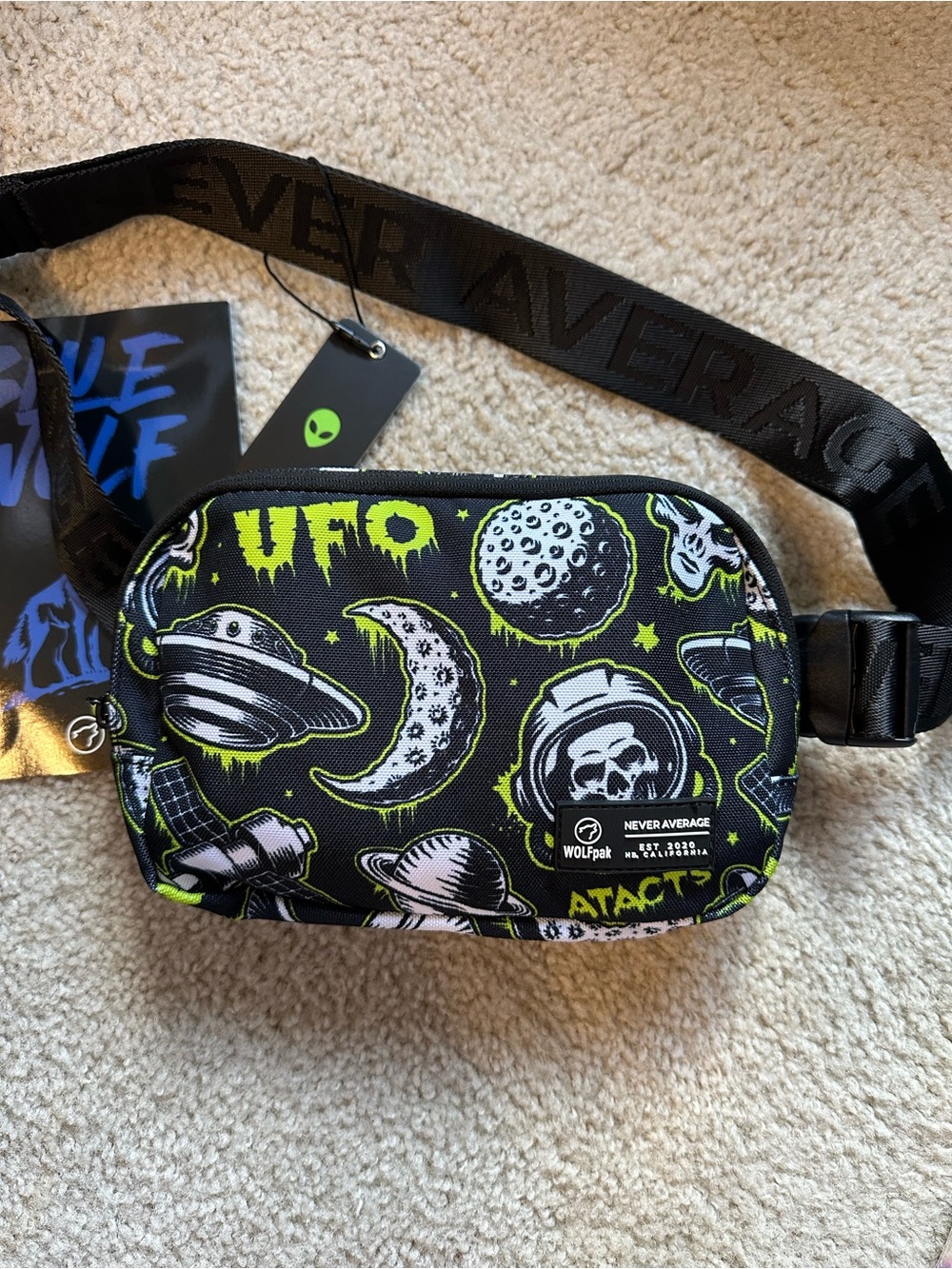 WOLFpak UFO Graphic Crossbody Belt Bag — Black & Neon Green